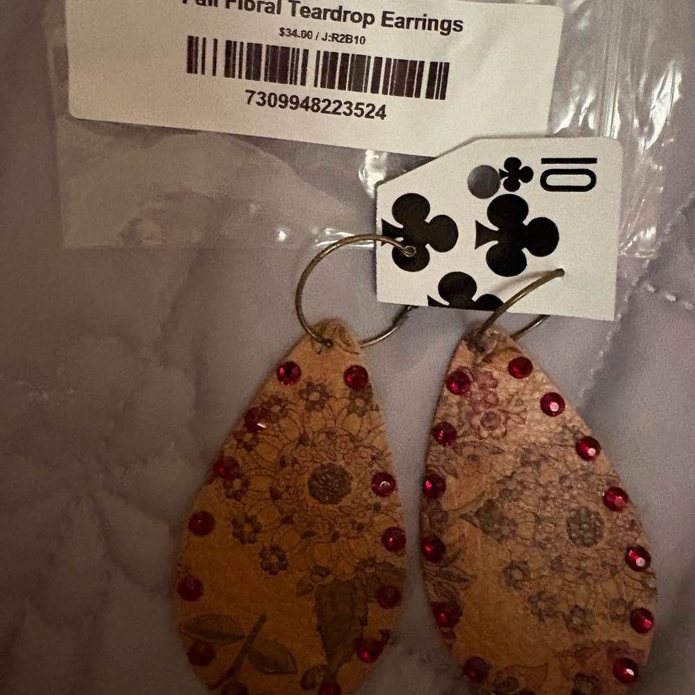 Floral Teardrop Leather Earrings with Red Crystal Accents